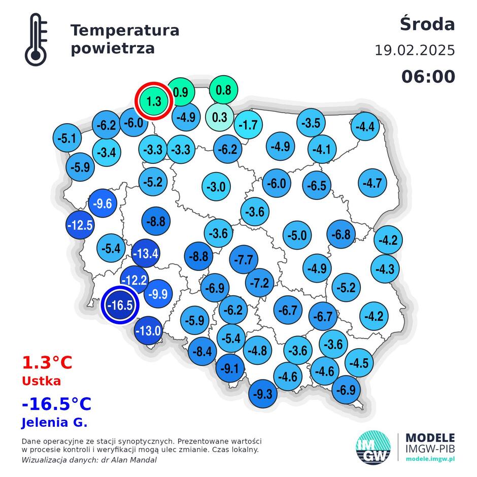 Na załączonej mapie przedstawiona jest prognoza pogody dla Polski na środę, 19 lutego 2025 roku, w ciągu dnia.