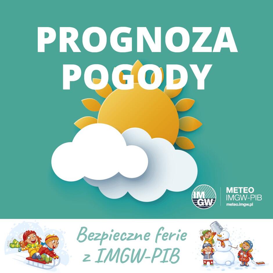 Obraz przedstawia grafikę promującą prognozę pogody przygotowaną przez IMGW-PIB (Instytut Meteorologii i Gospodarki Wodnej – Państwowy Instytut Badawczy).