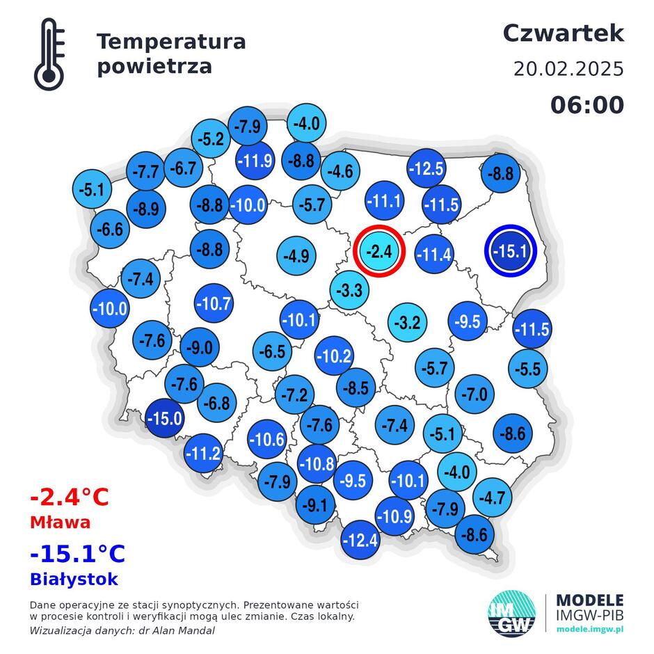 Obraz przedstawia mapę Polski z temperaturami powietrza zanotowanymi o godzinie 06:00 w czwartek, 20 lutego 2025 roku. Mapa pochodzi z modeli IMGW-PIB i prezentuje dane operacyjne ze stacji synoptycznych.