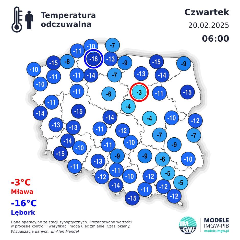 Obraz przedstawia mapę temperatury odczuwalnej w Polsce na czwartek, 20 lutego 2025 roku, godz. 06:00. Dane pochodzą z modeli IMGW-PIB i prezentują temperaturę, którą faktycznie odczuwają ludzie, uwzględniając wpływ wiatru i wilgotności.