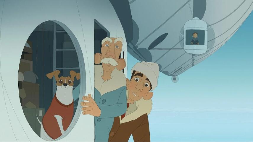 Kadr z filmu animowanego, na którym jest chłopiec, starszy mężczyzna i pies