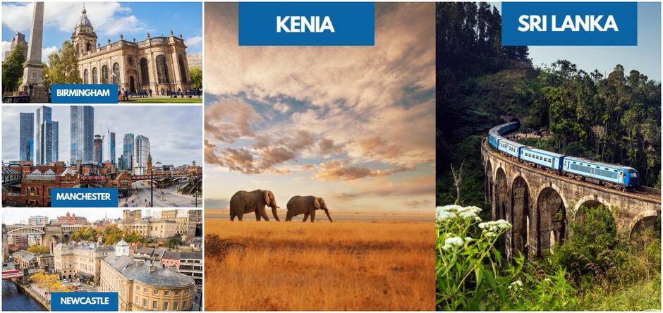 Kolaż zdjęć przedstawiający fotografie z Kenii, Sri Lanki i Wielkiej Brytanii.