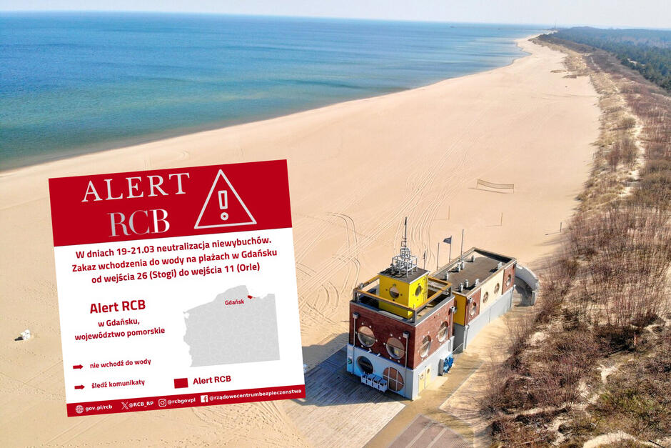 Kolaż zdjęć. Na głównym zdjęciu pusta plaża z lotu ptaka z domkiem na piasku. Na zdjęciu wklejonym Alert RCB informujący o zakazie wejścia do wody.