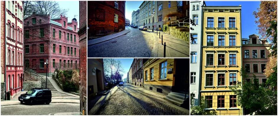 Kolaż czterech zdjęć przedstawiających zrewitalizowane kamienice i ulice Biskupiej Górki