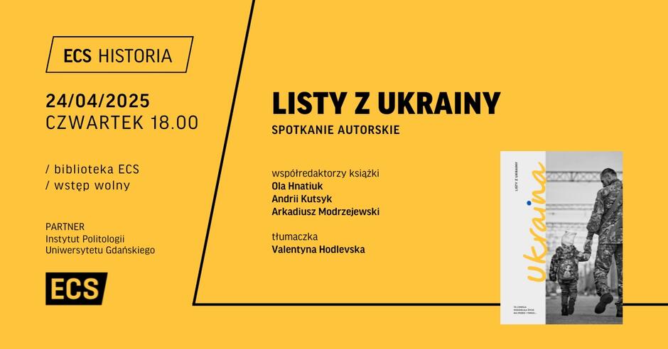 Grafika informująca o spotkaniu autorskim wokół książki o wojnie w Ukrainie z okładką książki na żółtym tle.