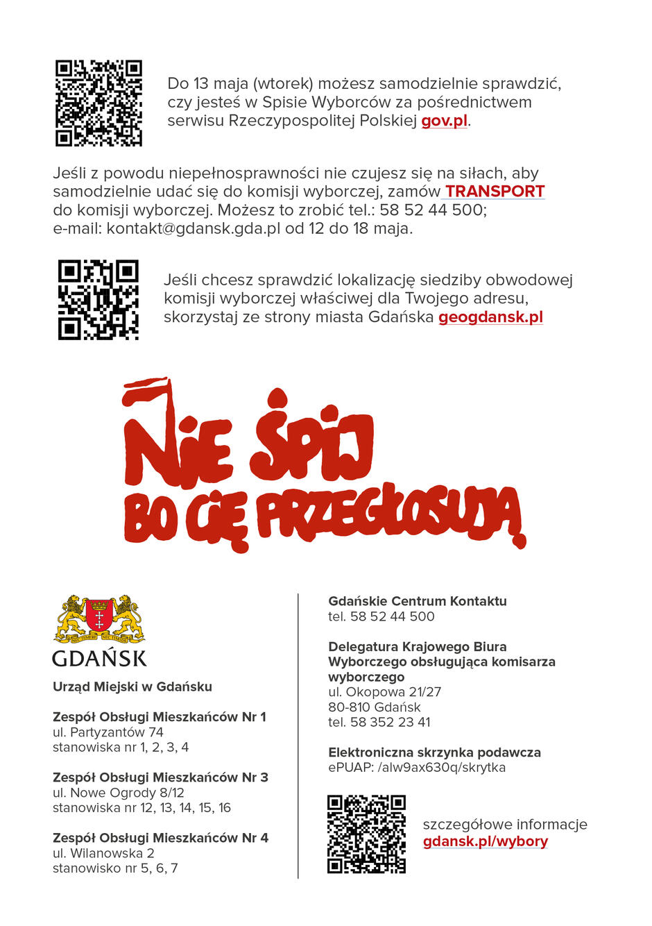 To druga strona plakatu informacyjnego dla mieszkańców Gdańska w związku z wyborami Prezydenta RP, które odbędą się 18 maja 2025 roku.