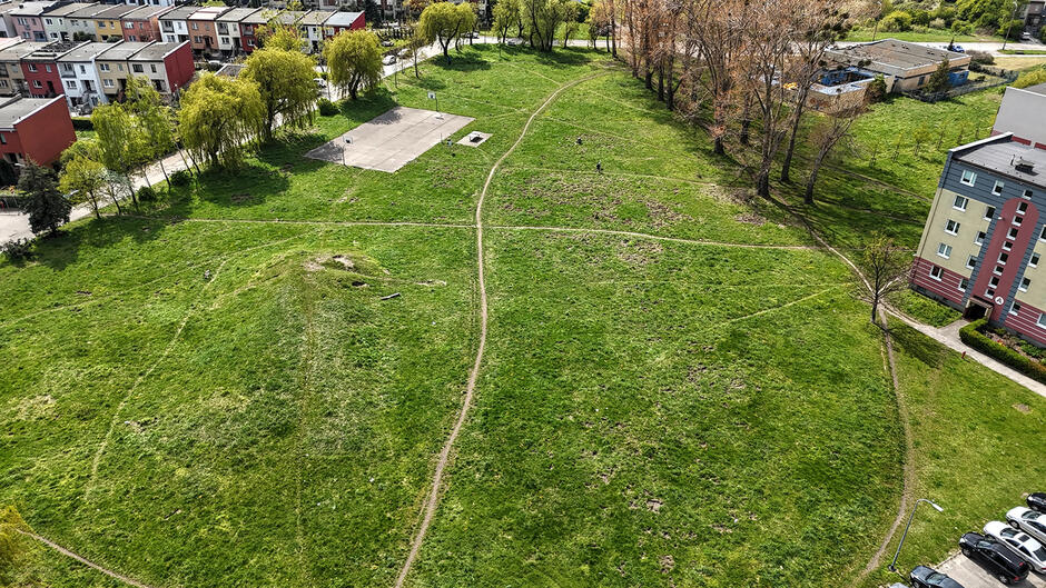 Zdjęcie z lotu ptaka na trawiastą polanę otoczoną drzewami, za nimi widać bloki mieszkalne.