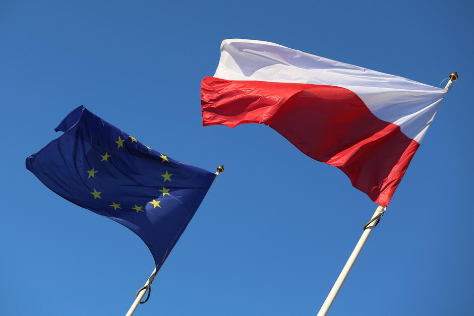 Dwie flagi powiewające na wietrze: Polski i Unii Europejskiej