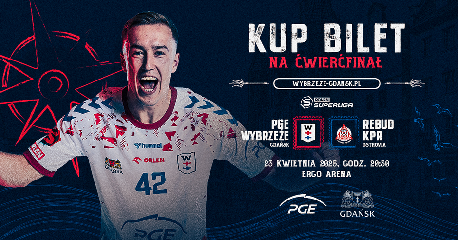 Plakat zapowiadający mecz PGE Wybrzeża Gdańsk z Ostrovią Ostrów Wielkopolski.