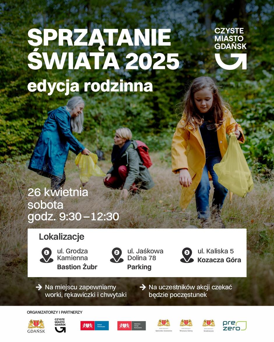 Grafika informująca o sprzątaniu świata ze zdjęciem kobiety i dzieci z workami na śmieci.