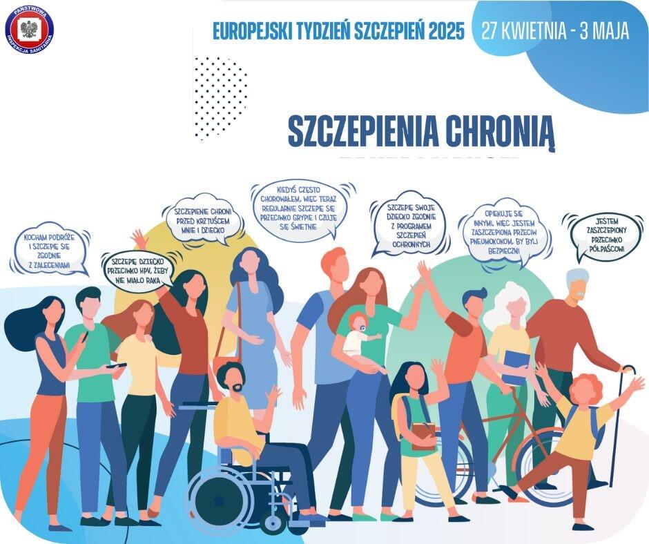 Rysunek przedstawia kilka osób, które w tzw. balonach mówią na temat potrzeby szczepień