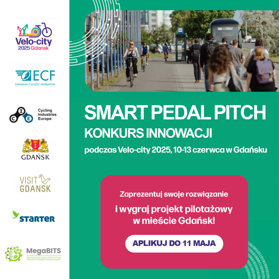 Grafika promuje konkurs innowacji „Smart Pedal Pitch”, który odbędzie się podczas konferencji Velo-city 2025 w dniach 10–13 czerwca w Gdańsku. Uczestnicy mają szansę zaprezentować swoje rozwiązania i wygrać pilotażowy projekt wdrożony w mieście — zgłoszenia przyjmowane są do 11 maja. 