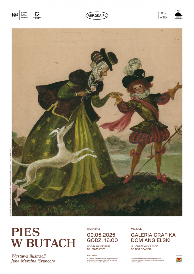To plakat promujący wystawę ilustracji Jana Marcina Szancera zatytułowaną „Pies w butach”, odbywającą się w Gdańsku w dniach 9–23 maja 2025 roku. Zawiera reprodukcję tej samej ilustracji, a także szczegóły dotyczące miejsca, kuratorów i organizatorów wydarzenia