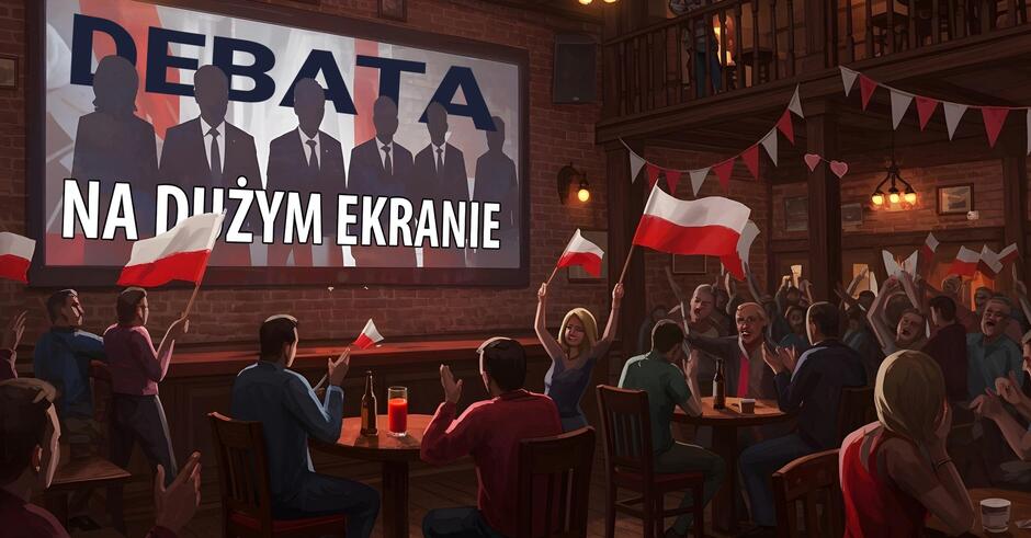 Obraz przedstawia pełen entuzjazmu tłum ludzi w barze, oglądających debatę polityczną na dużym ekranie, ozdobionym napisem „DEBATA NA DUŻYM EKRANIE”. Widzowie machają polskimi flagami i żywo reagują, tworząc atmosferę patriotycznego zaangażowania i wspólnoty.