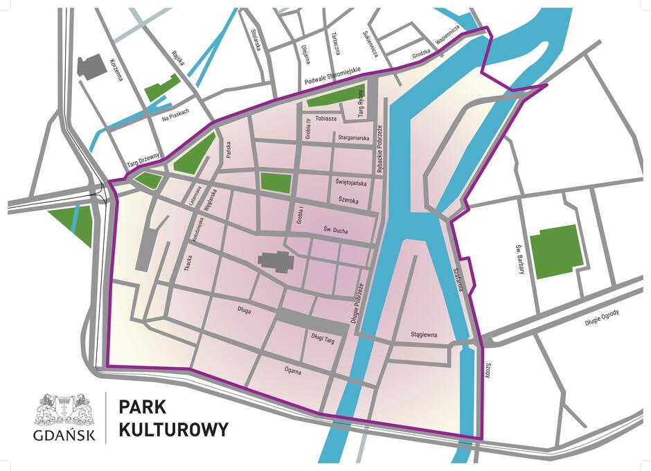 Mapa przedstawia obszar planowanego Parku Kulturowego w Gdańsku, obejmujący historyczne Śródmieście, ograniczony ulicami m.in. Podwale Staromiejskie, Długie Ogrody, Szopy i Targ Drzewny. Zaznaczono główne ulice i place, takie jak Długi Targ, Długa, Mariacka czy Św. Ducha, podkreślając zabytkowy charakter i znaczenie urbanistyczne tego terenu.