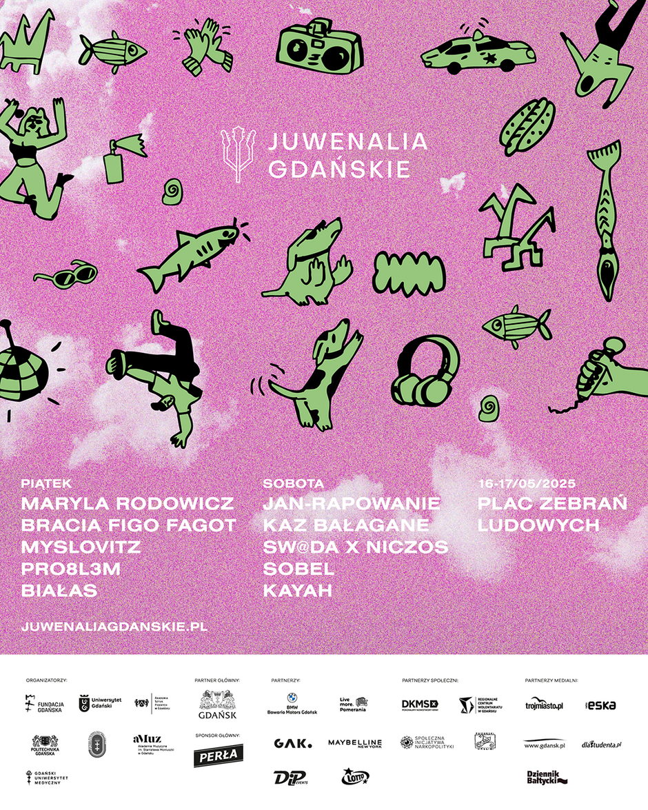 Plakat promuje Juwenalia Gdańskie 2025, które odbędą się 16–17 maja na Placu Zebrań Ludowych, z udziałem takich artystów jak Maryla Rodowicz, PRO8L3M, Jan-Rapowanie czy Kayah. Tło plakatu jest różowe z humorystycznymi, zielonymi ilustracjami przedstawiającymi tańczące postacie, psy, ryby i różne przedmioty związane z muzyką i zabawą.