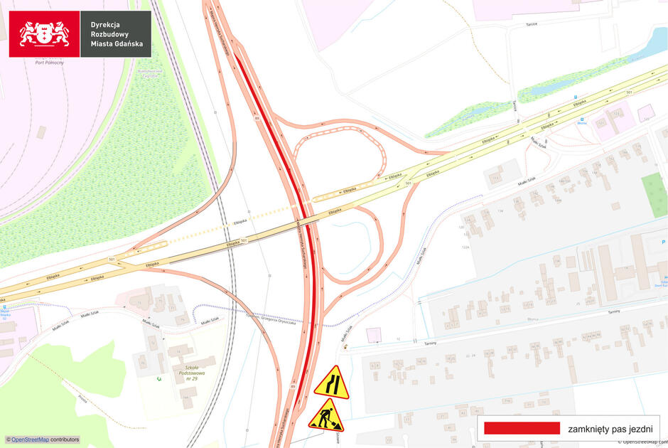 Grafika z mapą przedstawiającą zmiany w ruchu na trasie.