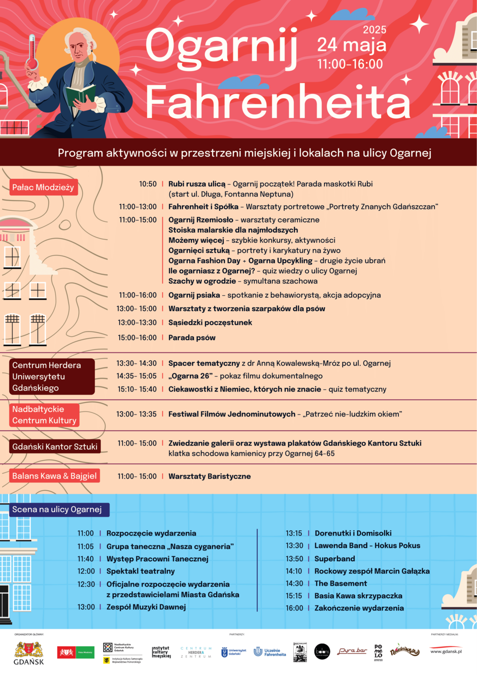 Grafika przedstawia szczegółowy program wydarzenia „Ogarnij Fahrenheita”, które odbędzie się 24 maja 2025 roku w godzinach 11:00–16:00 na ulicy Ogarnej w Gdańsku.