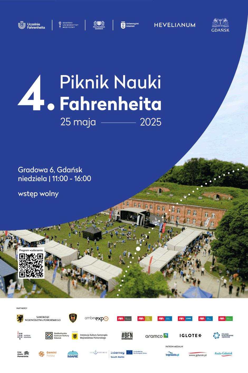 Plakat promuje 4. Piknik Nauki Fahrenheita, który odbędzie się 25 maja 2025 roku w Gdańsku na terenie Hevelianum przy ulicy Gradowej 6, w godzinach 11:00–16:00. Wydarzenie ma charakter otwarty (wstęp wolny) i jest organizowane przez uczelnie Fahrenheita we współpracy z partnerami regionalnymi i mediami