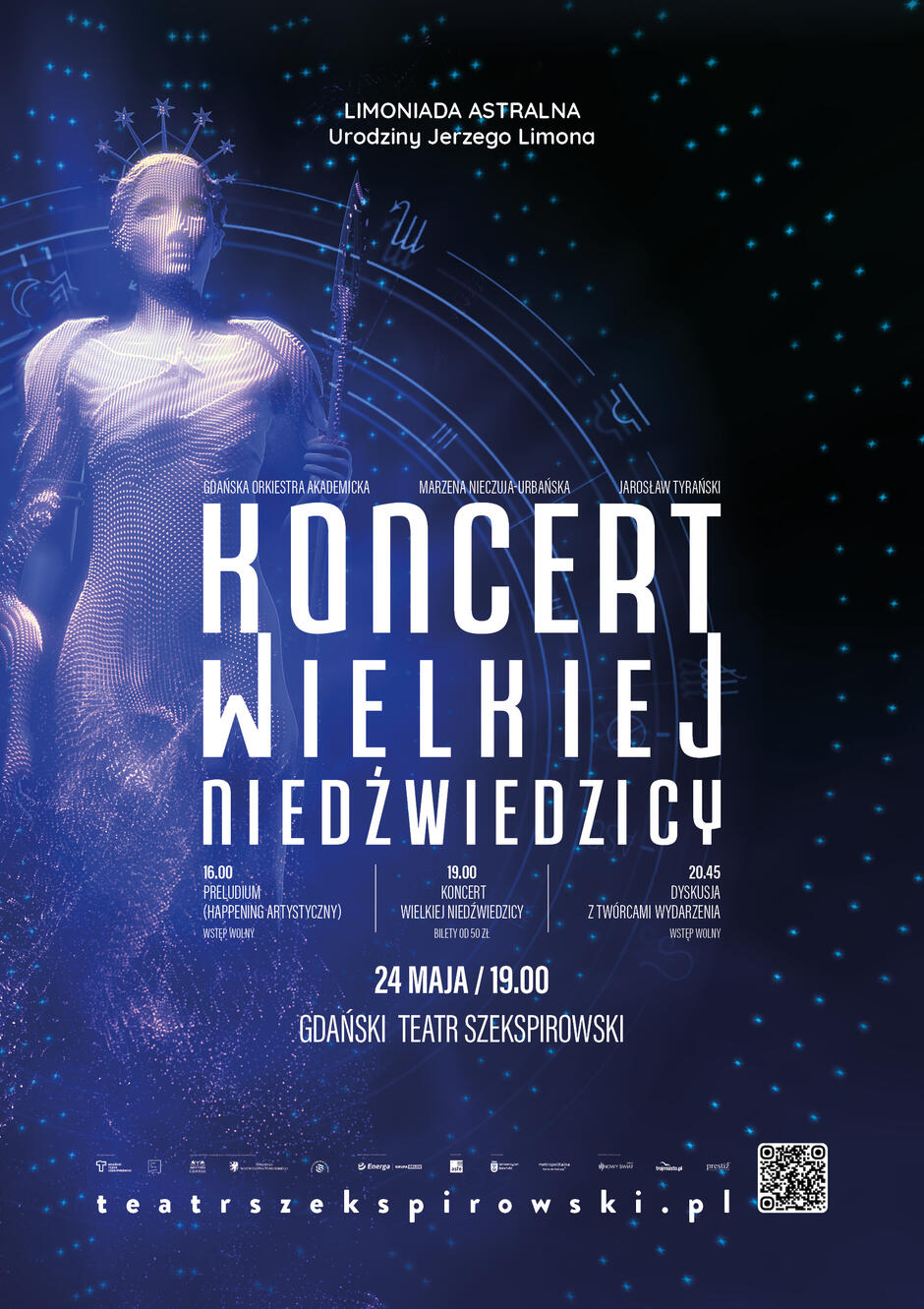 To plakat wydarzenia zatytułowanego „Koncert Wielkiej Niedźwiedzicy”, które odbędzie się 24 maja w Gdańskim Teatrze Szekspirowskim. Plakat ma kosmiczną, futurystyczną estetykę i informuje o programie koncertu oraz o upamiętnieniu urodzin Jerzego Limona