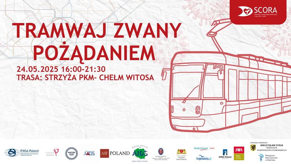 Grafika z rysunkiem tramwaju informująca o akcji społecznej profilaktyki HIV Tramwaj Zwany Pożądaniem . 