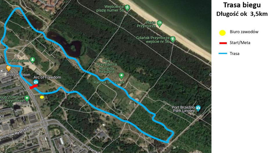 Mapa przedstawia trasę biegu o długości około 3,5 km, przebiegającą przez Park Reagana w Gdańsku. Start i meta znajdują się przy pomniku „Arc of Freedom”, a biuro zawodów oznaczono żółtą kropką w pobliżu osiedla.