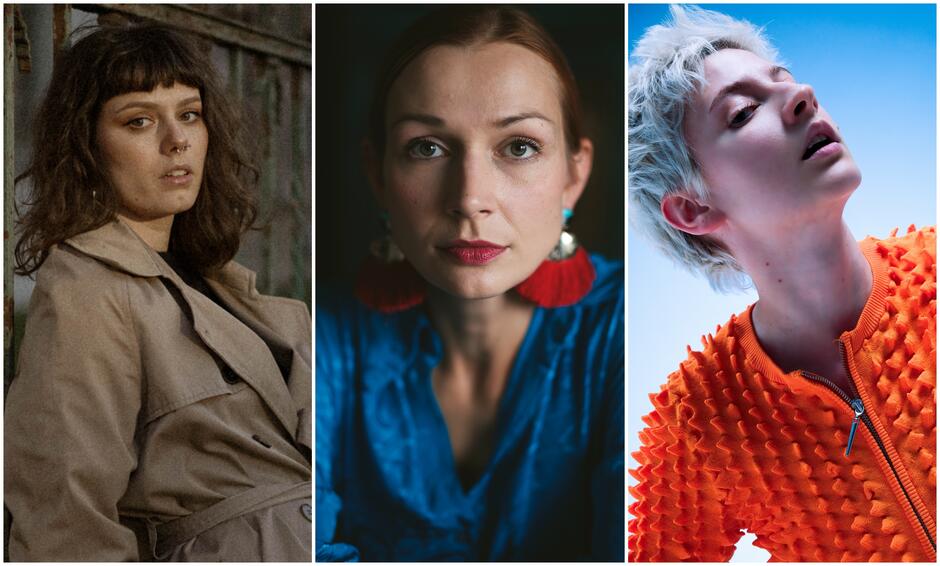 Kolaż trzech portretów przedstawiających trzy różne kobiety, każda z nich ukazana w odmiennym stylu i nastroju. Lewy portret: Kobieta o ciemnych, kręconych włosach i grzywce. Ma kolczyk w nosie i nosi beżowy trencz. Tło to zardzewiała, metalowa ściana, co nadaje zdjęciu surowy, miejski klimat. Jej wyraz twarzy jest poważny i lekko zamyślony. Środkowy portret: Kobieta z jasną cerą i ciemnymi, upiętymi włosami, ubraną w intensywnie niebieską bluzkę. Ma na sobie efektowne czerwono-niebieskie kolczyki, a jej spojrzenie jest bezpośrednie, skoncentrowane na obiektywie. Tło jest ciemne, co podkreśla dramatyczność jej wyrazu twarzy i barw. Prawy portret: Kobieta z bardzo jasnymi, krótkimi włosami, w nowoczesnym, dynamicznym ujęciu. Ubrana w jaskrawą, pomarańczową bluzę o nietypowej, wypukłej fakturze. Tło jest jasnoniebieskie, a kompozycja i oświetlenie nadają zdjęciu futurystyczny i artystyczny charakter.