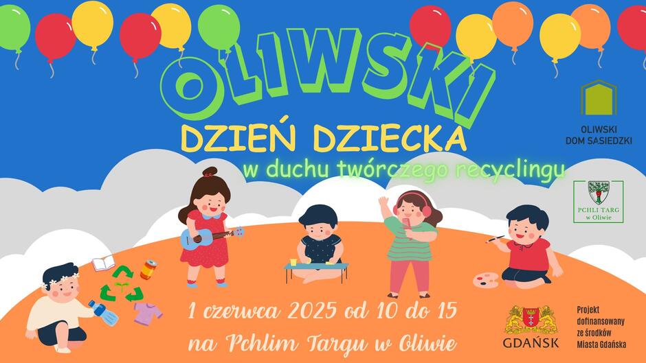 Grafika informująca o Oliwskim Dniu Dziecka z narysowanymi dziećmi i balonami.