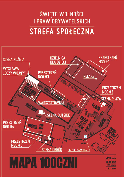 Mapa przedstawia Strefę Społeczną podczas Święta Wolności i Praw Obywatelskich na terenie 100czni, z wyraźnie oznaczonymi przestrzeniami NGO, scenami tematycznymi, wystawami oraz strefą relaksu i dla dzieci. Układ pozwala łatwo zlokalizować najważniejsze punkty wydarzenia, takie jak Scena Kuźnia, Plaża, Galeria layup czy miejsca z bezpłatną wodą.
