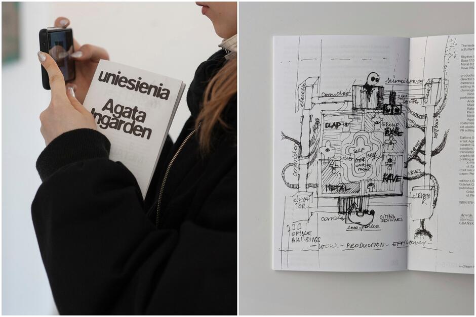 Na zdjęciu po lewej stronie osoba trzyma książkę Agaty Ingarden pt. Uniesienia i robi jej zdjęcie telefonem. Po prawej stronie widzimy rozkładówkę tej publikacji z odręcznym, artystycznym szkicem przypominającym mapę lub diagram myśli, pełnym napisów i strzałek