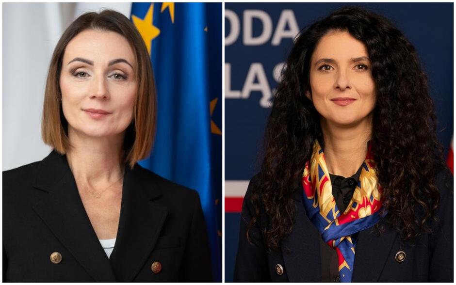 Na zdjęciu znajdują się dwie kobiety ubrane formalnie, każda na tle flag — z lewej strony kobieta z prostymi, jasnobrązowymi włosami do ramion, na tle flagi Unii Europejskiej, z prawej strony kobieta z długimi, kręconymi, ciemnymi włosami, nosząca kolorową apaszkę, na tle napisu i flagi. Obie prezentują się profesjonalnie i oficjalnie, co sugeruje, że pełnią funkcje publiczne lub urzędnicze.
