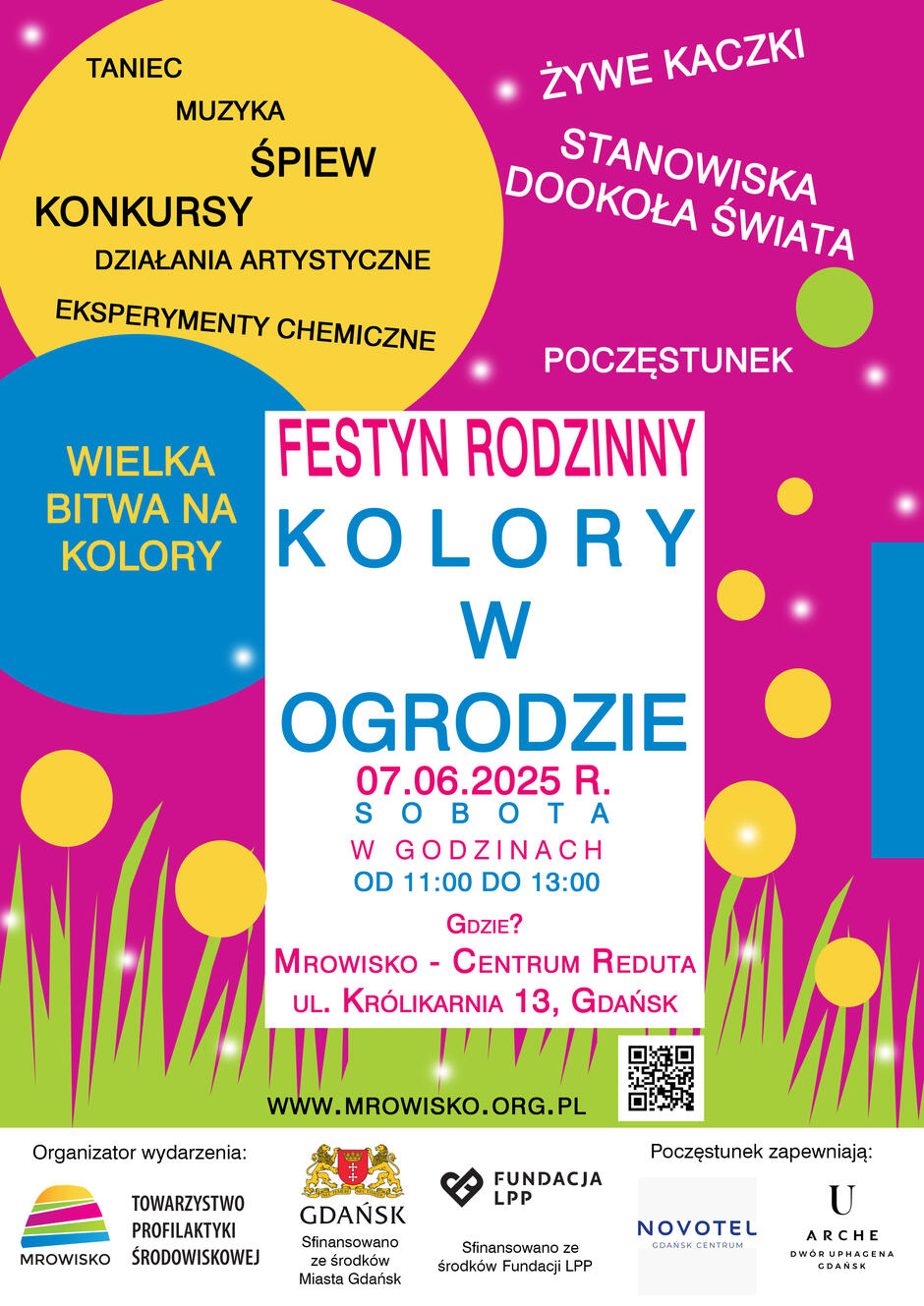 kolorowy plakat z wypisanymi atrakcjami festynu