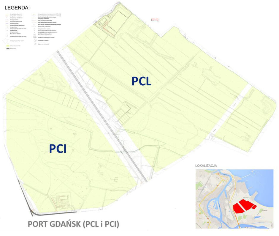 Na załączonej mapie przedstawiono obszar Portu Gdańsk, a konkretnie jego dwie części oznaczone jako: PCL – Północny Centralny Lądowy PCI – Północny Centralny Intermodalny