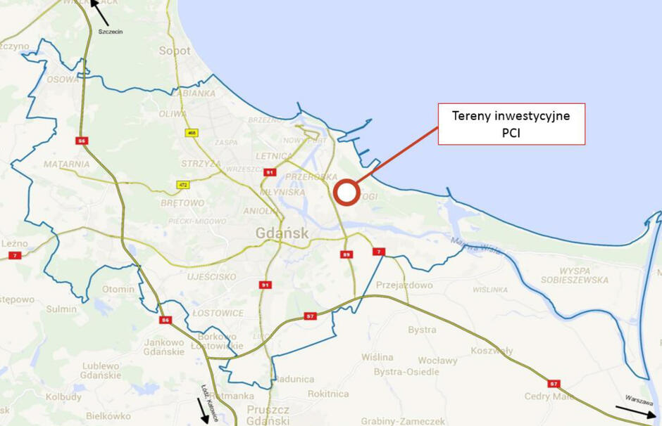 Na drugim załączonym obrazie znajduje się mapa lokalizacyjna z oznaczeniem: „Tereny inwestycyjne PCI” Oznaczono je: czerwonym okręgiem w rejonie portu morskiego w Gdańsku, w dzielnicy Stogi, oraz podpisem z czerwonym wskaźnikiem: „Tereny inwestycyjne PCI”.