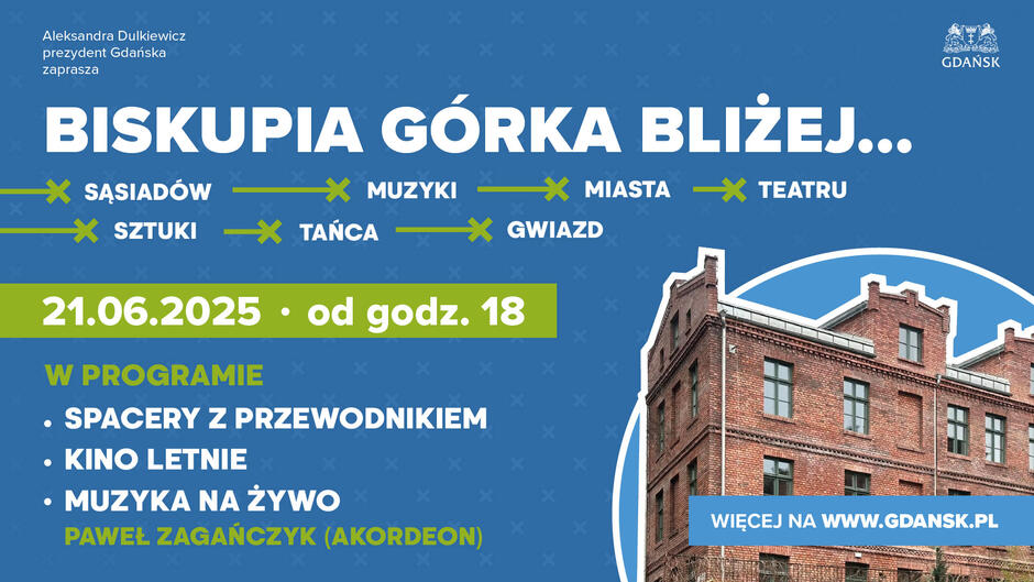 Plakat ze skróconym programem wydarzenia na Biskupiej Górce: Spacery z przewodnikiem, kino letnie i muzyka na żywo