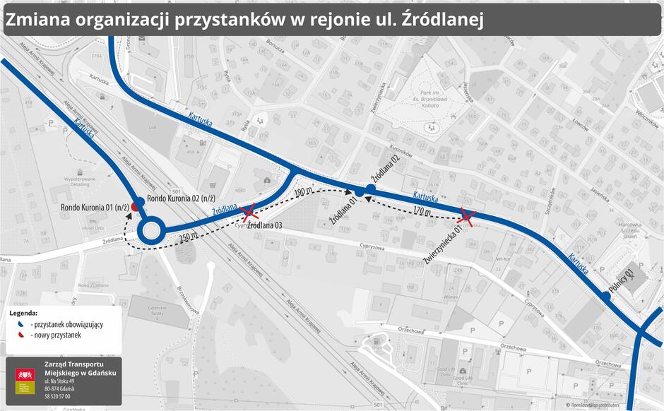 Mapka zmian zmiany przystanków na ulicy kartuskiej