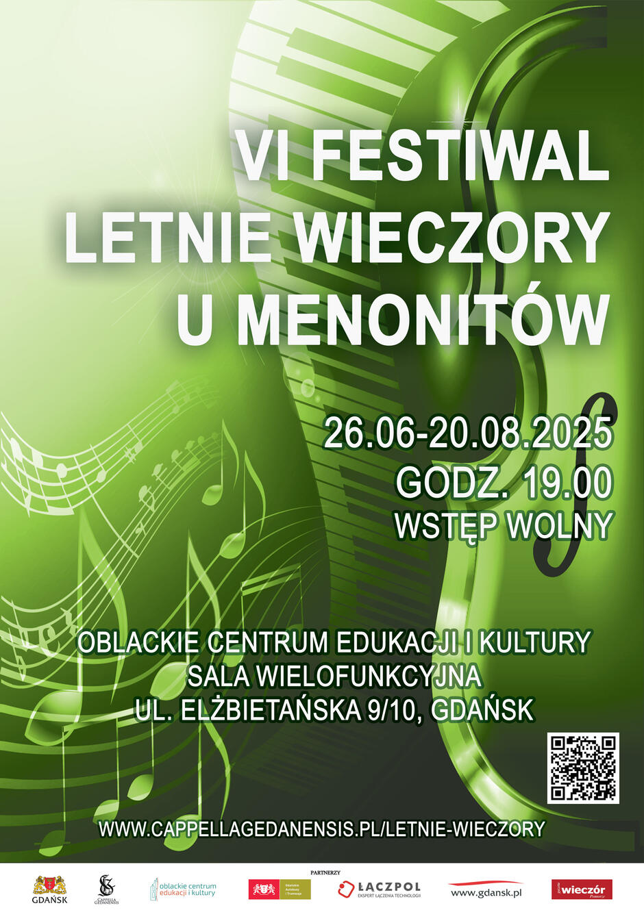 Plakat zapowiada VI Festiwal „Letnie Wieczory u Menonitów”, który odbędzie się od 26 czerwca do 20 sierpnia 2025 roku o godzinie 19:00 w Oblackim Centrum Edukacji i Kultury w Gdańsku, przy ul. Elżbietańskiej 9/10. Utrzymany w zielonej tonacji graficznej, z motywami nut i klawiatury fortepianu, podkreśla muzyczny charakter wydarzenia oraz informuje o darmowym wstępie i partnerach festiwalu.