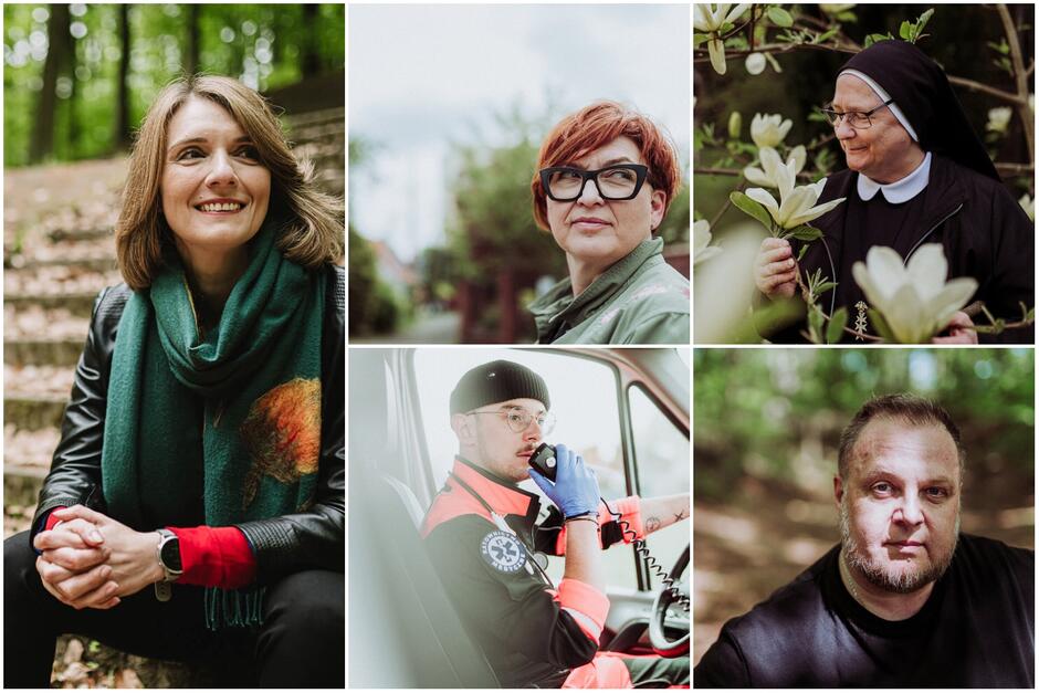 Kolaż zdjęć pokazujących twarze pięciu osób - trzech kobiet i dwóch mężczyzn.