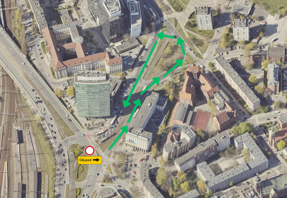 Mapa objazdu w trakcie robót na ul. Błędnik