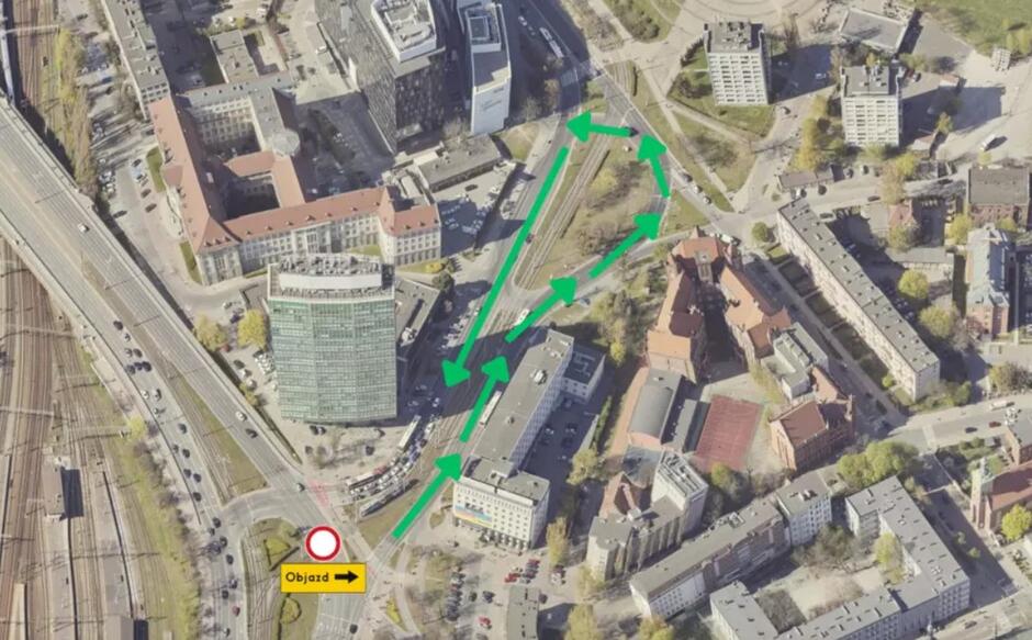 Mapka z trasą objazdu, zaznaczoną flamastrem