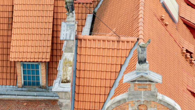 Na zbliżeniu widać detal architektoniczny z dachu Zielonej Bramy w Gdańsku