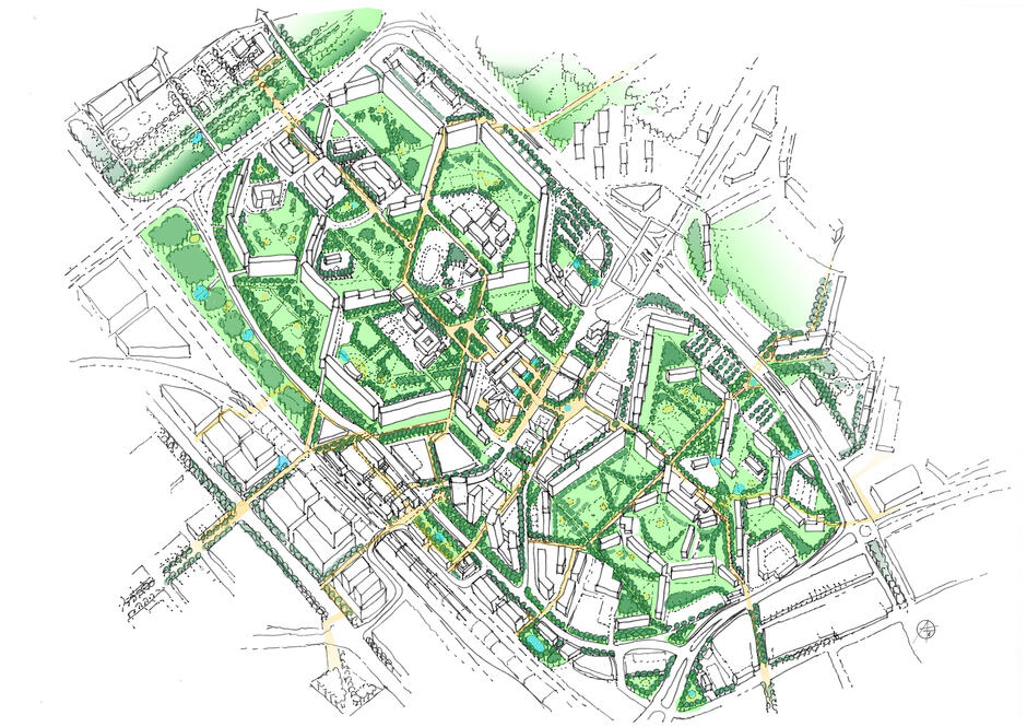 To kolorowa mapa urbanistyczna przedstawia koncepcyjny plan dzielnicy z wyraźnym podziałem na zabudowę mieszkalną, tereny zielone oraz sieć ścieżek pieszych i ulic. Centralna część układu skupia się wokół placu lub ważnego budynku, a całość otoczona jest pierścieniowo rozmieszczonymi blokami i parkami. 
