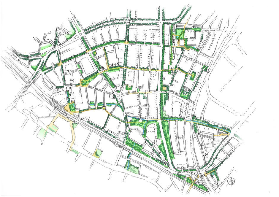 Ten plan urbanistyczny przedstawia zwartą siatkę ulic z dominującą zabudową kwartałową, przeplataną licznymi zielonymi pasażami i skwerami. Widoczna jest dobrze rozwinięta infrastruktura drogowa oraz połączenia piesze, integrujące osiedle z terenami zielonymi i komunikacją kolejową. 