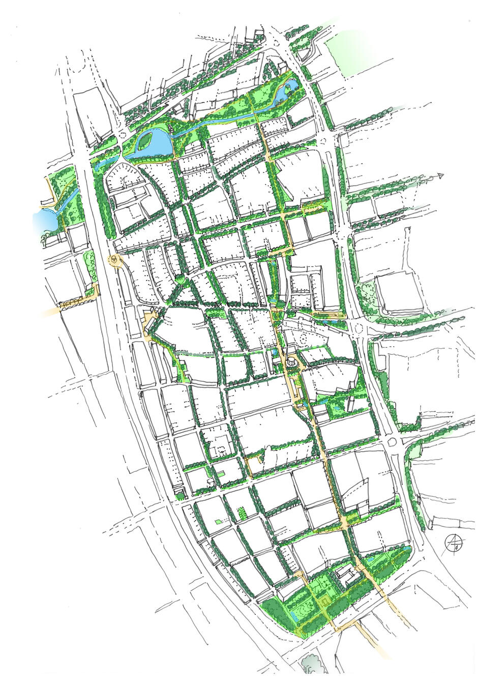 Plan urbanistyczny przedstawia siatkę regularnie rozmieszczonych kwartałów zabudowy, poprzecinaną gęstą siecią zielonych ciągów pieszych i parków linearnych. W północnej części dominuje szeroki pas zieleni z wodnymi akcentami, który integruje przestrzenie rekreacyjne z zabudową mieszkaniową. 