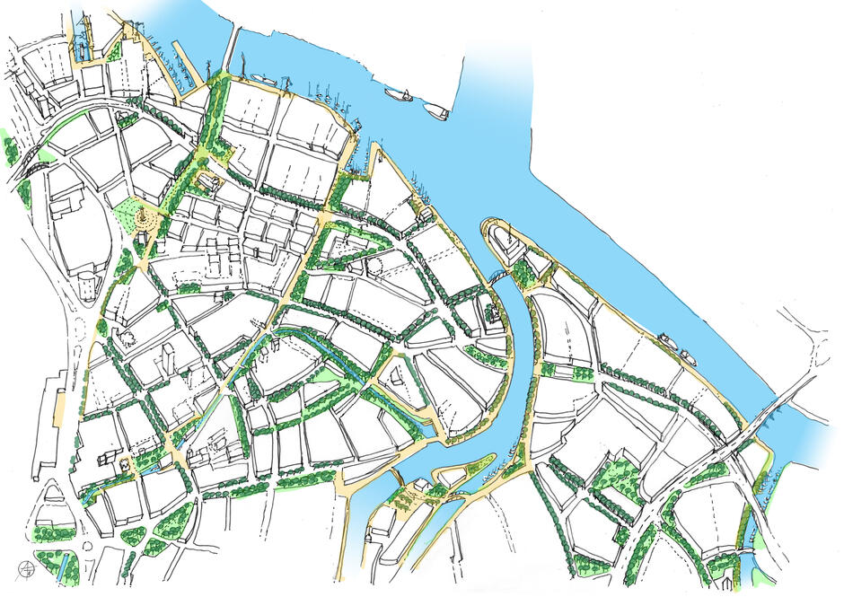 Plan przedstawia nadwodną dzielnicę o zróżnicowanej strukturze urbanistycznej, z kanałami wodnymi i licznymi terenami zielonymi wkomponowanymi pomiędzy zabudowę mieszkaniową i usługową. Układ przestrzenny wykorzystuje dostęp do nabrzeża, tworząc promenady, place i strefy publiczne, które integrują zabudowę z krajobrazem portowym. 