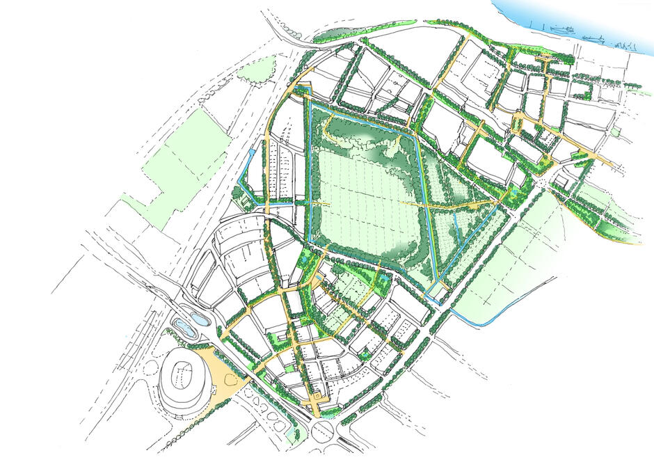 Plan urbanistyczny ukazuje dzielnicę zdominowaną przez duży, centralnie położony teren zielony otoczony zabudową mieszkaniową i usługową, z licznymi ścieżkami pieszymi i rowerowymi. W południowo-zachodniej części wyróżnia się obiekt stadionu, który pełni funkcję kluczowego punktu orientacyjnego i rekreacyjnego. 