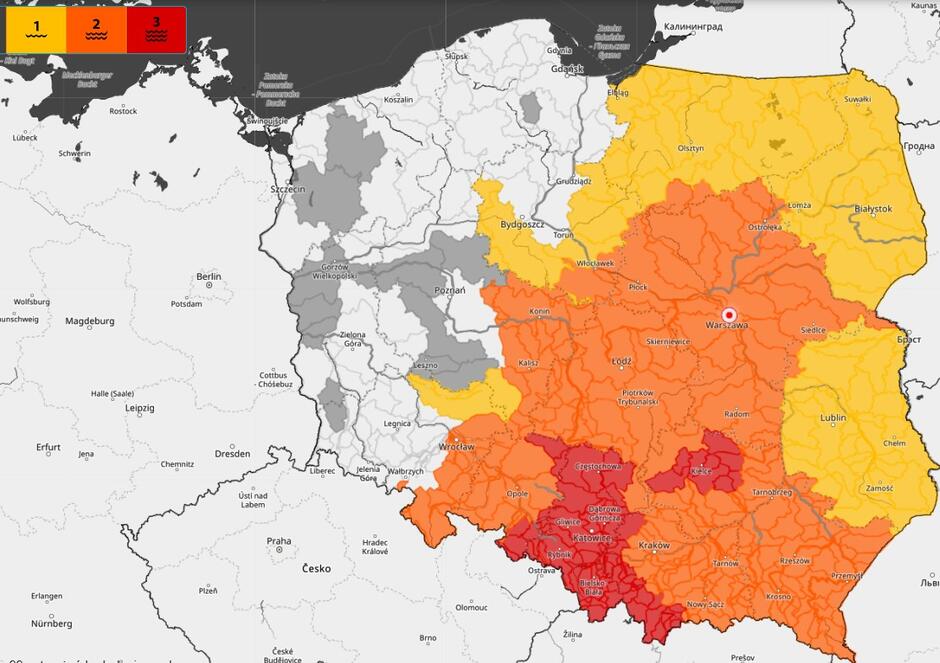 Mapka Polski z zaznaczonymi obszarami, gdzie przewidywane są najwyższe stany wody w rzekach