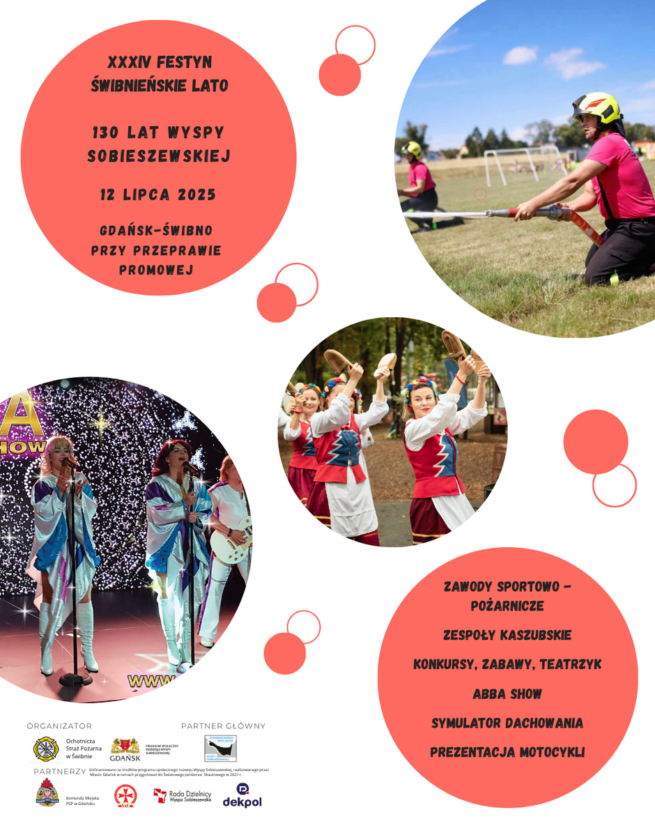 Plakat zapowiada XXXIV Festyn Świbnieńskie Lato z okazji 130-lecia Wyspy Sobieszewskiej, który odbędzie się 12 lipca 2025 roku w Gdańsku-Świbnie. Zapowiedziane atrakcje to m.in. zawody strażackie, występy zespołów kaszubskich, ABBA Show, symulator dachowania i prezentacje motocykli
