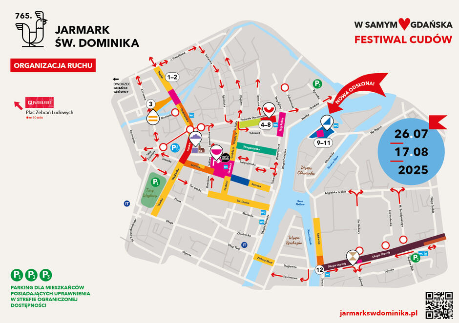 Mapa przedstawia organizację ruchu podczas 765. Jarmarku św. Dominika w Gdańsku, który odbędzie się w dniach 26 lipca – 17 sierpnia 2025 roku. Zaznaczono na niej strefy ograniczonego ruchu, objazdy, parkingi dla mieszkańców oraz lokalizacje atrakcji i punktów informacyjnych, a także nową część jarmarku na Wyspie Ołowiance.