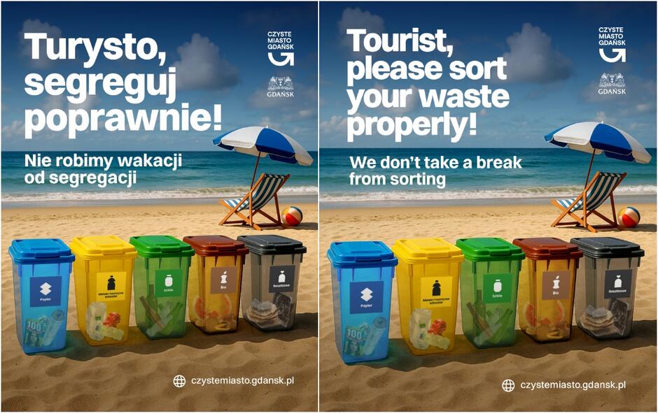 Plakat zachęca turystów do prawidłowej segregacji odpadów nawet podczas wakacji, podkreślając, że nie robi się przerwy od segregacji. Na plaży ustawiono kolorowe kosze do sortowania śmieci, a obok widnieją napisy w języku polskim i angielskim.
